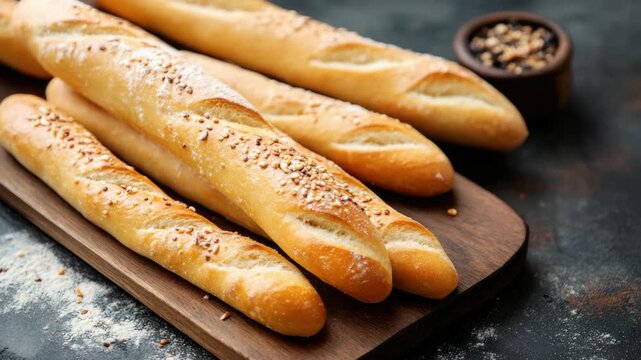 Freshly baked golden baguettes on wooden board with seeds