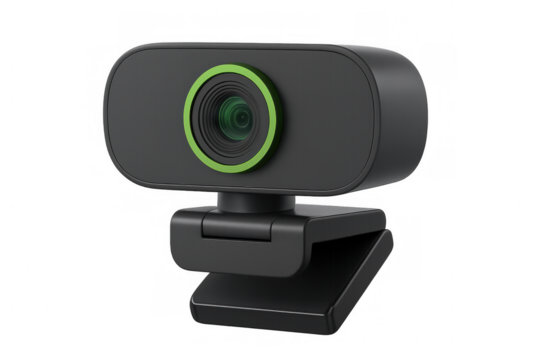 Black modern webcam with green details, mounting clip attached, positioned against transparent backdrop