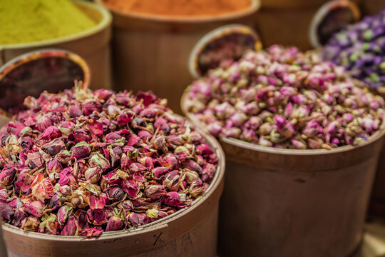Colorful dried rose buds, a floral tea mix, Egyptian Bazaar in Istanbul, Turkey - Powered by Adobe