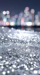 Sparkling glitter, city bokeh, night, reflective surface, website banner