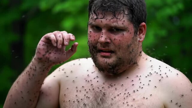 Man swats away mosquitoes in outdoor setting while struggling to avoid pests