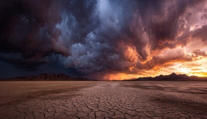 Dramatic sunset storm over cracked desert playa