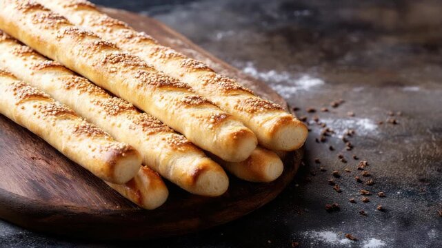Baked bread sticks with crunchy top on wooden board