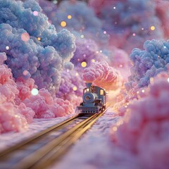 Toy train journey through pastel cloudscape; whimsical winter wonderland scene, ideal for children's book