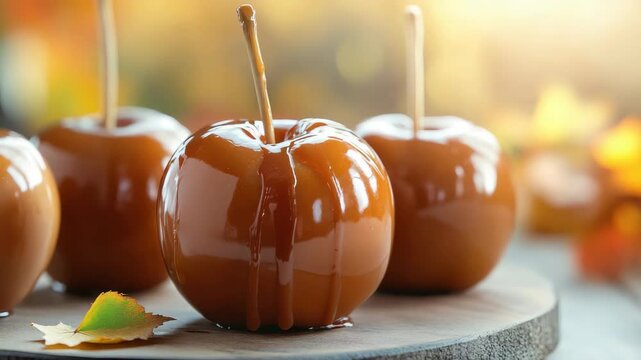Shiny caramel apples on wooden board in warm sunlight