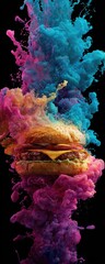 Colorful smoke envelops cheeseburger;  dark background; food photography; menu use