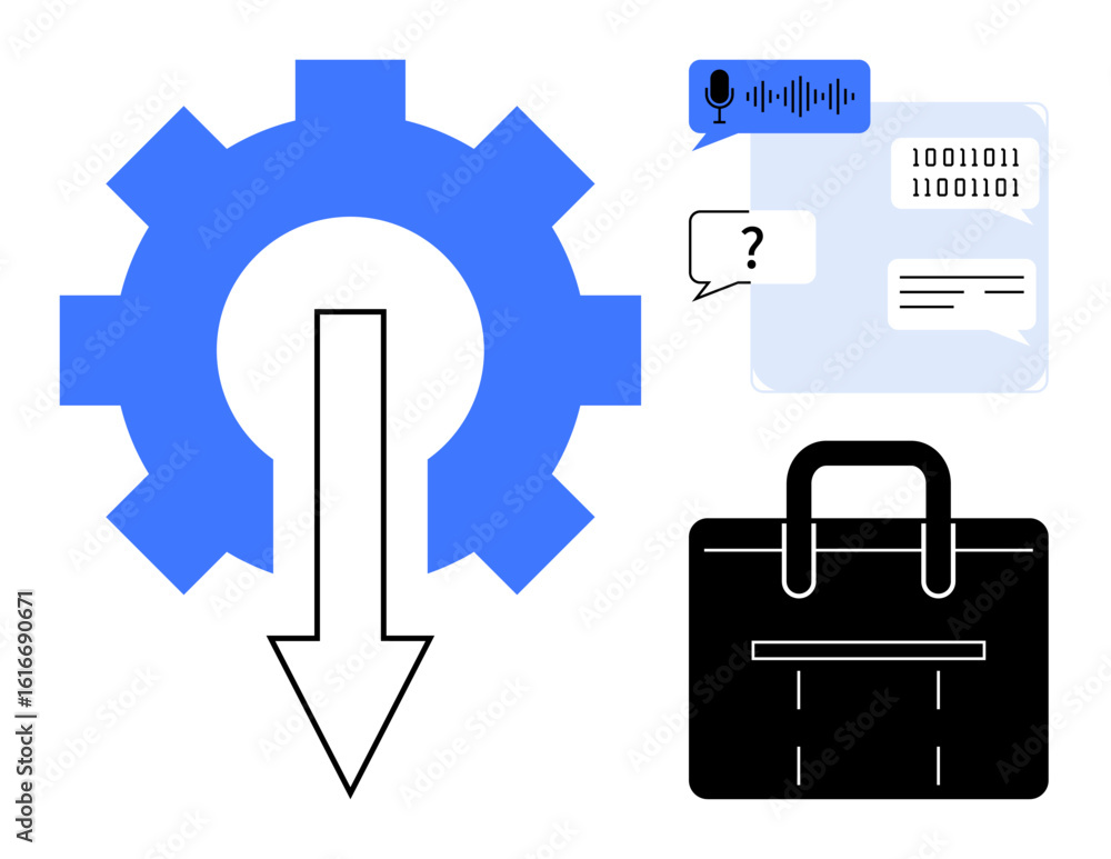 Poster gear with downward arrow symbolizes automation. speech bubbles show communication, data analysis, an