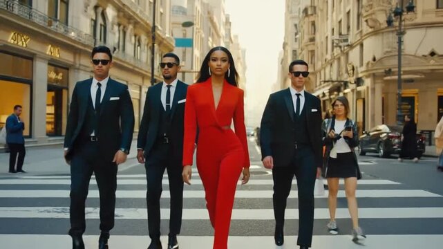 Celebrity being escorted by bodyguards.