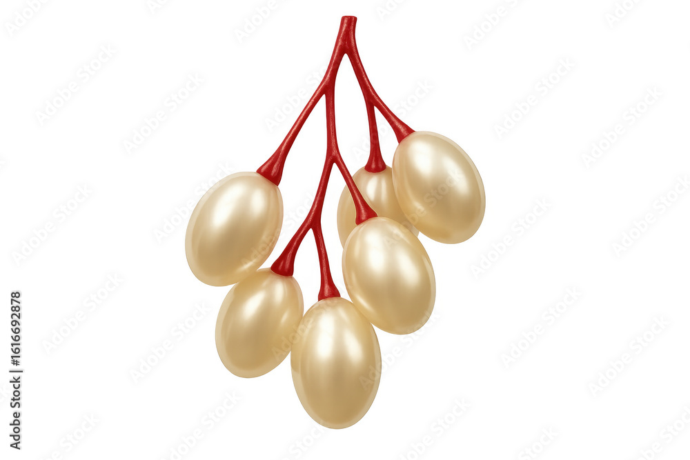 Poster golden berries clustering on vivid red stem, photorealistic 3d rendering against transparent backdro