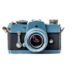 Vintage light blue camera, front view.  Distressed, aged appearance.  Multiple controls and lens