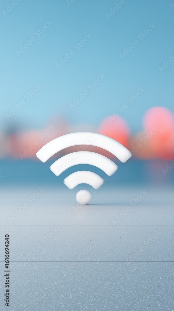 Poster wireless connectivity symbol displayed prominently on a smooth surface, with a blurred background of