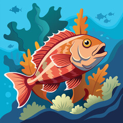 Naklejka premium Stylized Red Fish Swimming in the Ocean with Seaweed and Other Fish