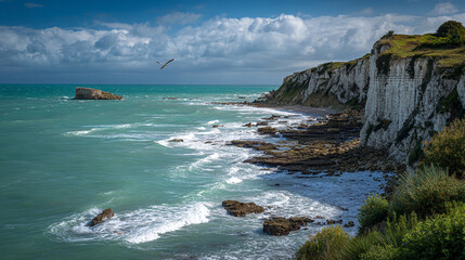 Obraz premium Dramatic white cliffs meet the turquoise sea with waves crashing on the rocky shore under a blue sky