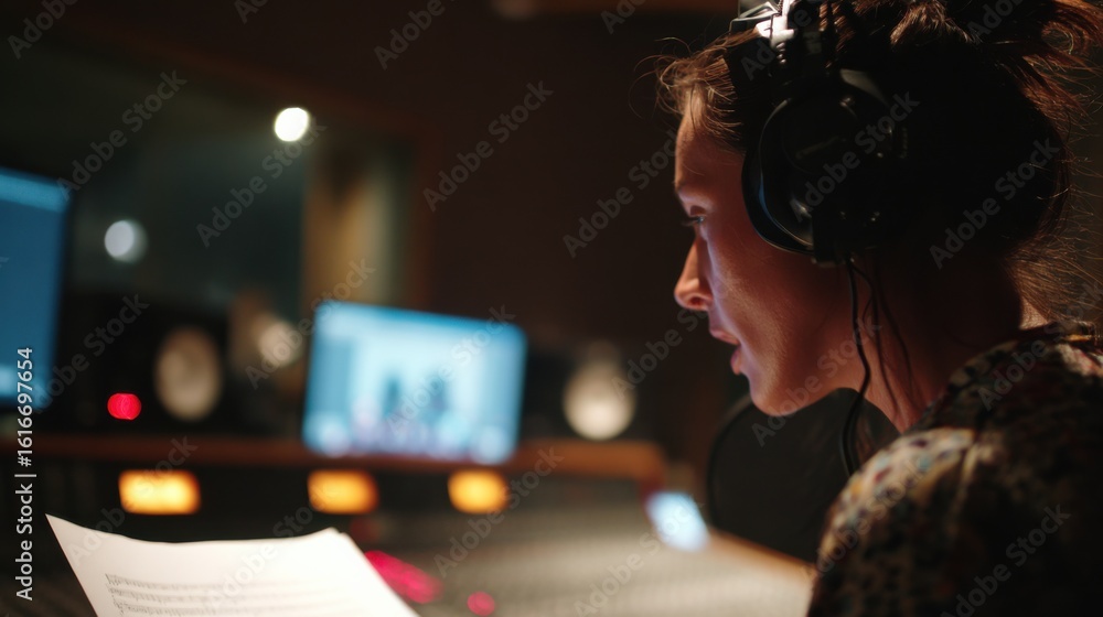 Poster medium shot of a multilingual voice artist wearing headphones animatedly reading a script with soft 