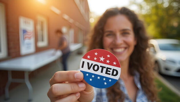 A voter proudly shows their "I Voted" sticker outside a polling place