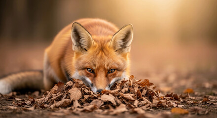 Fototapeta premium Cozy red fox nestled in dry leaves, fall setting