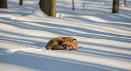 Quiet Winter Scene with Sleeping Fox
