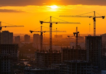 Construction Cranes at Sunset Cityscape with Silhouettes