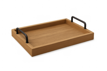 Rustic wooden tray featuring dark metal handles, rectangular wooden surface in light brown tone, clean transparent background