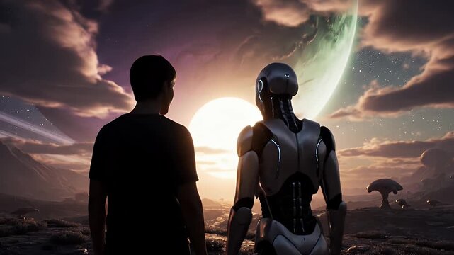 A man and a humanoid robot companion stand on an alien world, watching a sunrise over a strange landscape, symbolizing exploration.