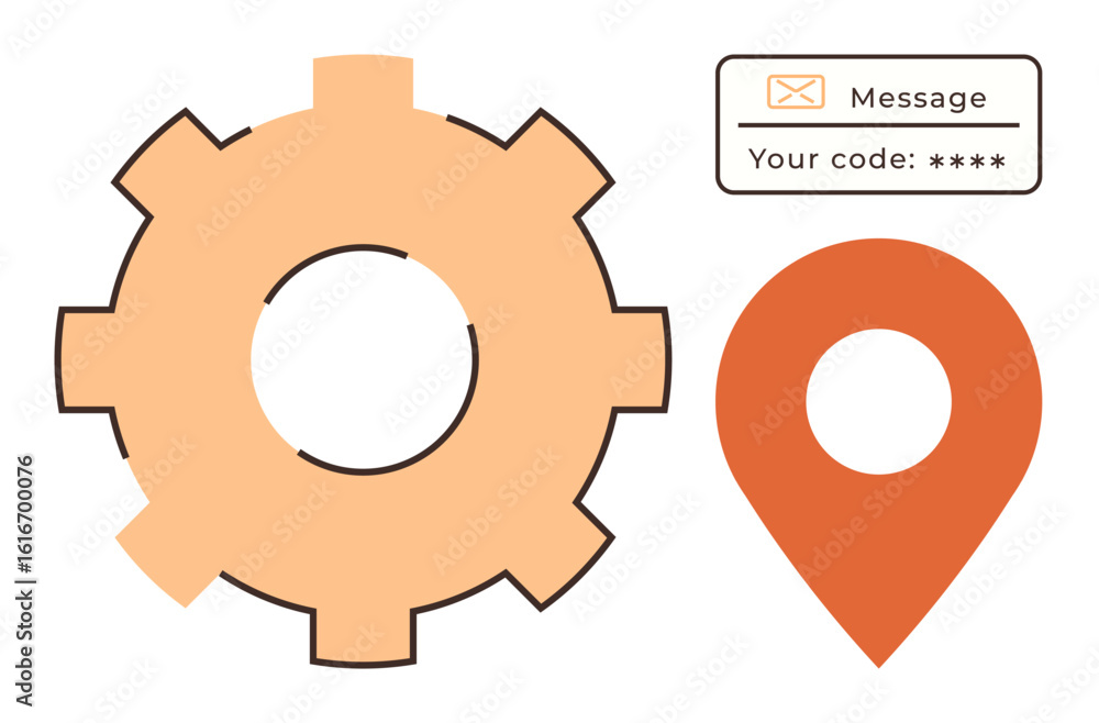 Poster settings gear, location pin, and secure message notification represent efficiency, navigation, commu