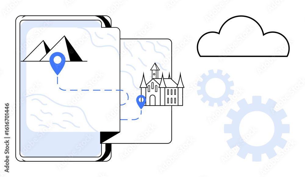 Poster mobile map screen with pinned mountain and castle landmarks connected by route. includes cloud and g