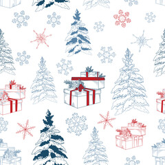 Christmas vector seamless hand drawn pattern with trees, snowflakes and gifts