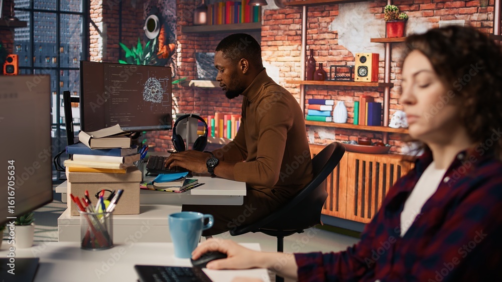 Poster startup company back end developer fixing applications issues, dealing with databases and server con
