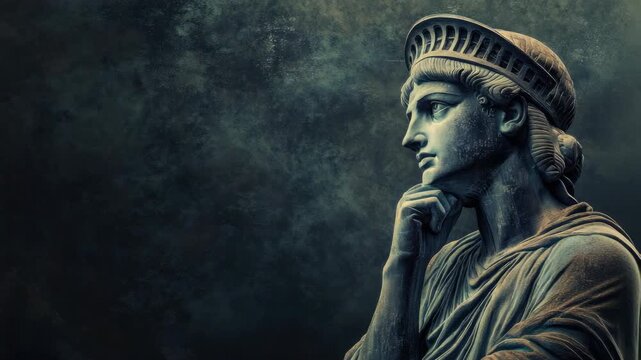 Thoughtful pose of ancient Roman statue, side view