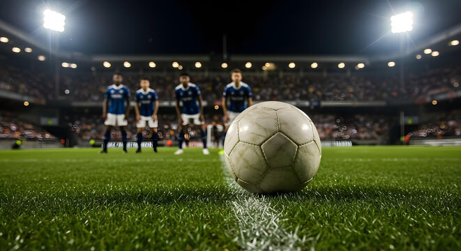 A tense free-kick moment as a player's leg swings toward the soccer ball.
