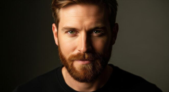 Dramatic close-up studio portrait of a handsome man with a red beard and green eyes, looking directly at the camera on a dark background.
