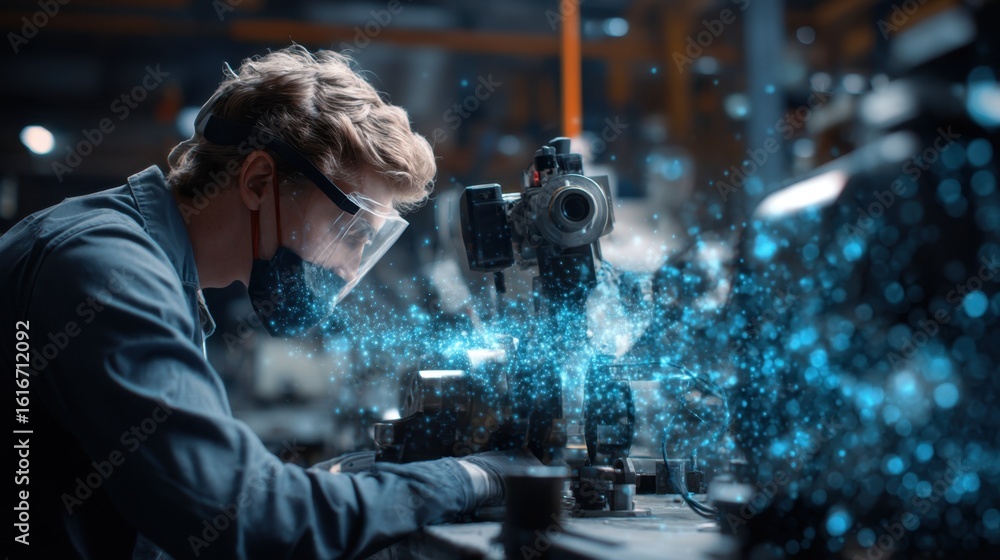 Poster industrial engineer wearing safety glasses and mask. calibrating an inspection camera in a factory s