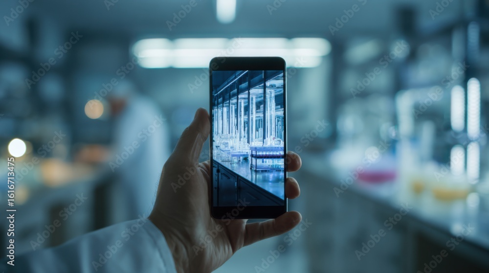 Poster medium shot of a smartphone displaying developed film proofs held by a technician in a dimly lit lab