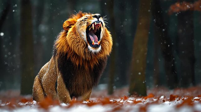 Lion's Roar in Wilderness: Witness a majestic lion, a symbol of courage and raw power, as it unleashes its mighty roar in the heart of a wild, untamed wilderness.