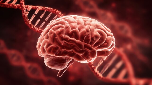 a human brain with a double helix DNA and a medical background