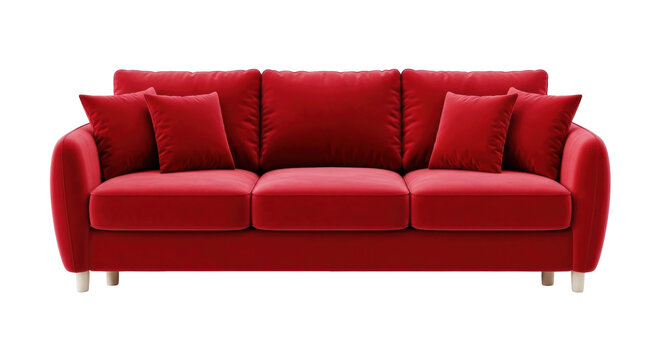 Isolated Red Velvet Sofa with Pillows