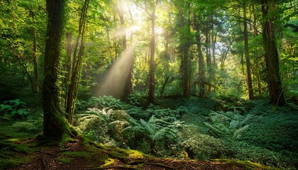Obraz premium lush green forest background dappled sunlight filtering through leaves creating a magical atmosphere ideal for nature themed projects websites or presentations forest botanical calm