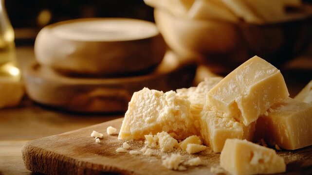 Cubes of aged cheese on wooden board with blurred bowls in background - Powered by Adobe