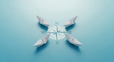 A compass with origami paper boats pointing directions