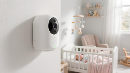 A sleek baby monitor watches over a peacefully sleeping infant in a bright nursery.
