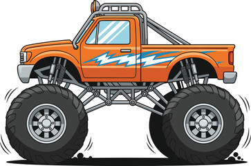 Black silhouette vector illustration of cartoon orange monster truck with blue lightning bolts, oversized tires, lifted suspension, off-road stunt vehicle © Creative Minds