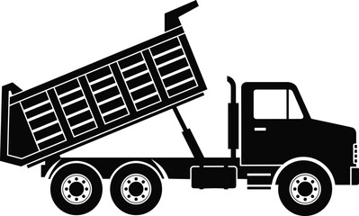 Cad drawing flat vector illustration, black dump truck silhouette with raised bed, unloading vehicle side view, construction machinery, transport equipment