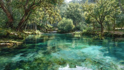 Obraz premium Serene forest stream reflecting the canopy