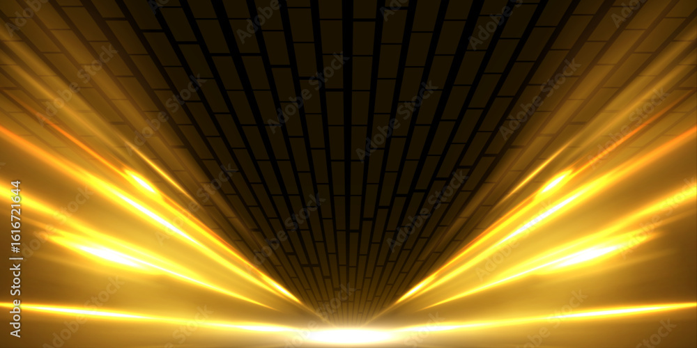 Poster high-speed neon light lines of yellow color on a black background. incredible speed on the expresswa