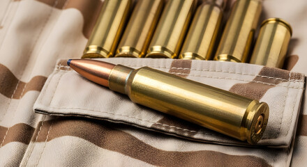 Close-up view of several rifle bullets partially inserted into a camouflage pocket.