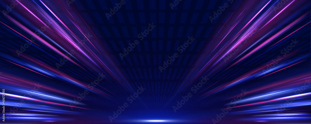 Poster futuristic neon glowing lines curve smoothly across a dark transparent background. speed trails and 