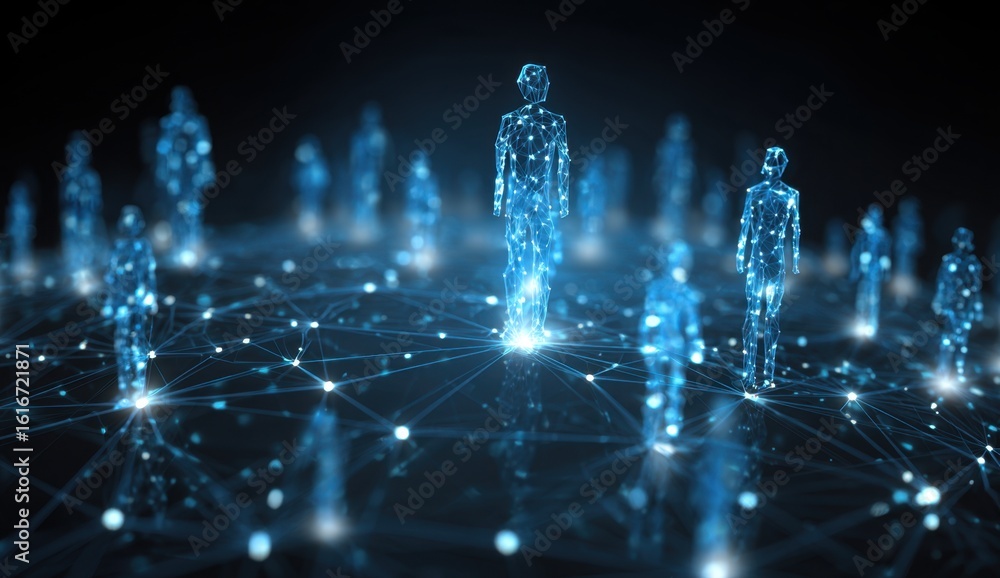 Aufkleber digital technology network concept with glowing blue icons of people connecting across the globe on 