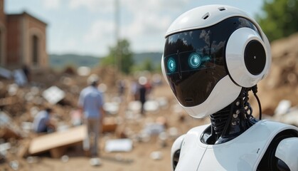 Futuristic robot with expressive blue eyes standing amidst a construction site with workers, focusing on innovation and technology in reconstruction, concept of tech development or engineering