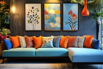 Beautifully designed lounge with a chic sofa in trending hues