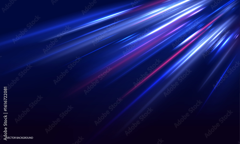 Poster blue neon rays descend from the top, merging with red light streaks. this motion effect simulates hi
